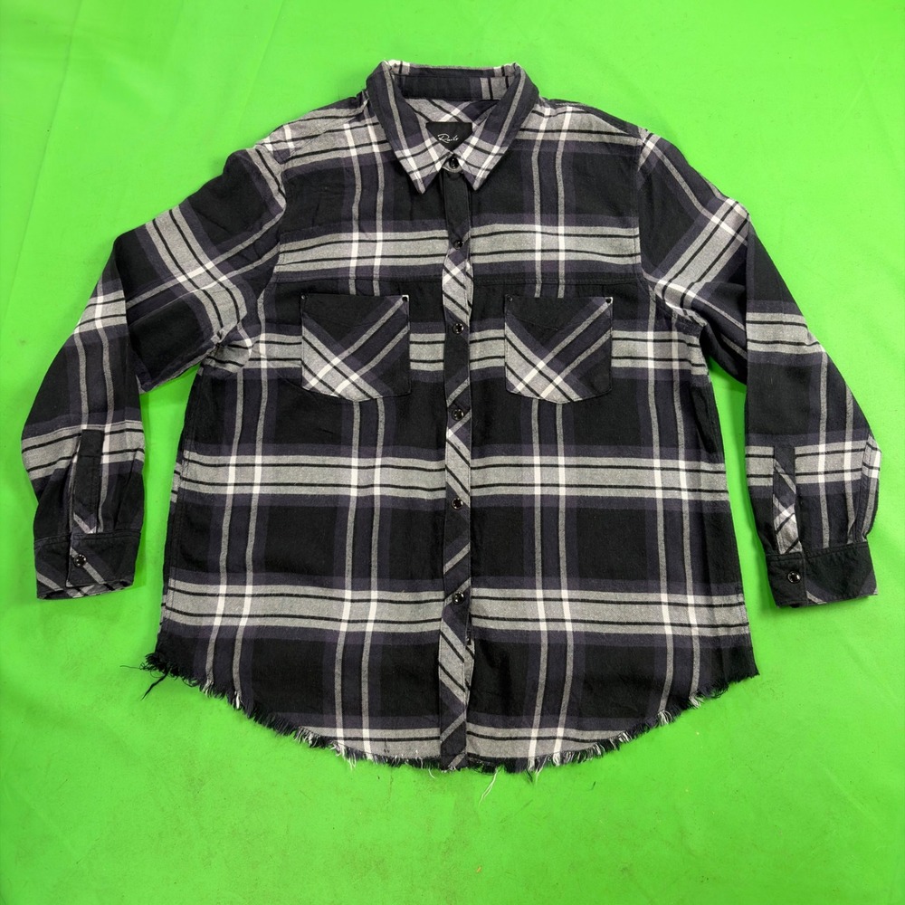 Rails Leo Plaid Flannel Shirt Womens L Black Ash White Snap Front Frayed Hem L/S
